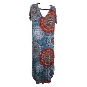 GRECERELLE Dress Womens Medium Blue Mandala Maxi V Neck Boho Casual Pocket Vacay